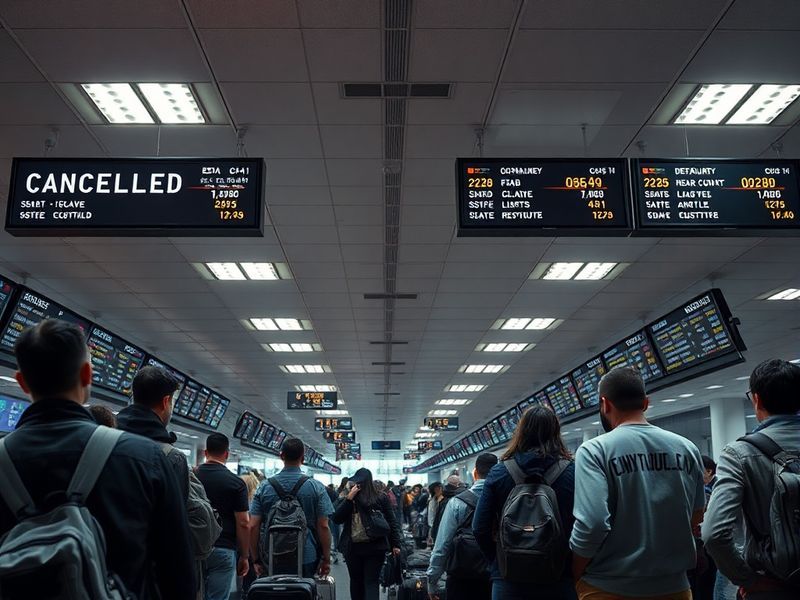 A bustling airport terminal with grounded planes and frustrated passengers, captured in a moody, cinematic style with dark sk