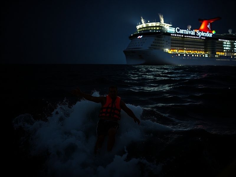 A wide-angle view of a large cruise ship at dusk, with emergency response boats patrolling the surrounding waters under a pin