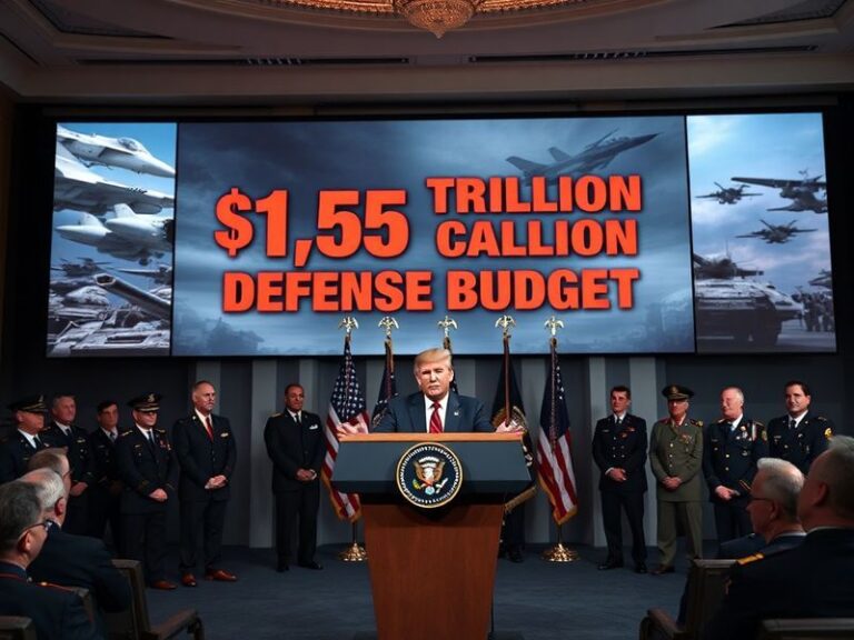 A high-angle shot of the Pentagon with a digital overlay of financial charts and military hardware, symbolizing the intersect