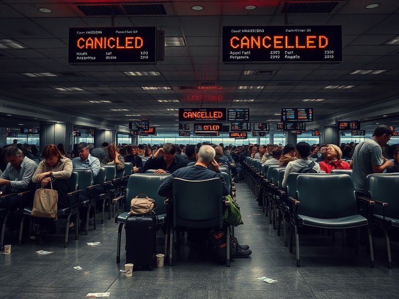 A weary traveler sitting on a suitcase in a crowded airport terminal, surrounded by screens displaying canceled flights. The