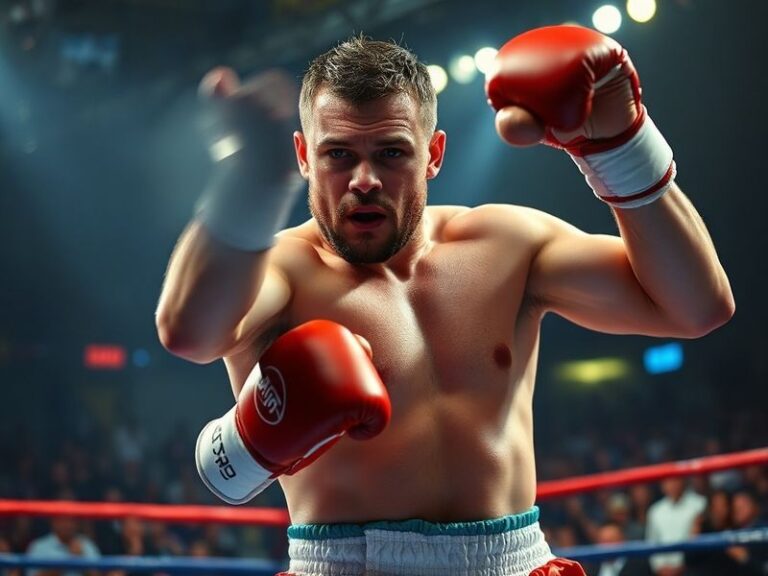 A dynamic shot of Joshua Fury in the ring, mid-action with a determined expression, surrounded by a blurred crowd. The lighti