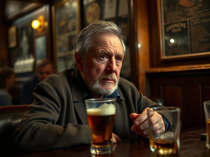 A candid black-and-white photo of Mitch Winehouse sitting in a quiet London café, reflecting pensively with a soft, warm ligh