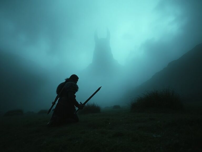 A cinematic promotional image for the Elden Ring movie. A lone warrior stands on a ruined bridge in a misty, ancient landscap
