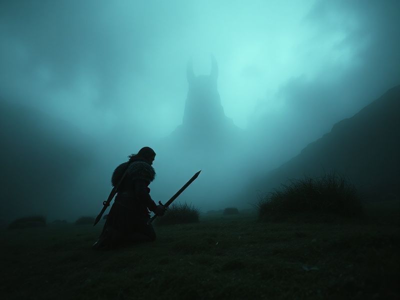 A cinematic promotional image for the Elden Ring movie. A lone warrior stands on a ruined bridge in a misty, ancient landscap