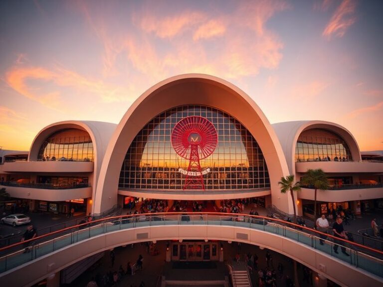 Aerial view of Los Angeles International Airport (LAX) at dusk, showing the Theme Building, Tom Bradley International Termina