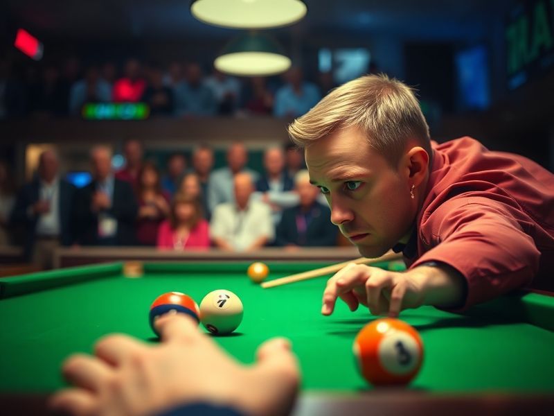 A focused photograph of Ali Carter mid-shot at a snooker table, wearing his signature black shirt, with the audience and refe