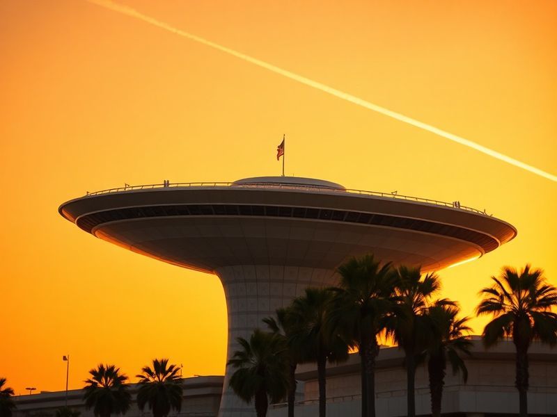 Aerial view of Los Angeles International Airport with its distinctive Theme Building and multiple terminals under a clear blu