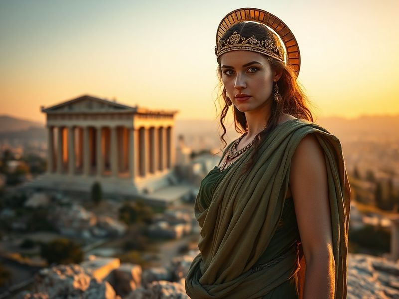 A classical marble statue of Athena Parthenos, standing tall in armor with a spear and shield, an owl perched on her shoulder