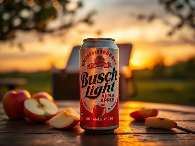 A close-up shot of a chilled Busch Light Apple hard seltzer can next to a sliced apple and a glass filled with the beverage.