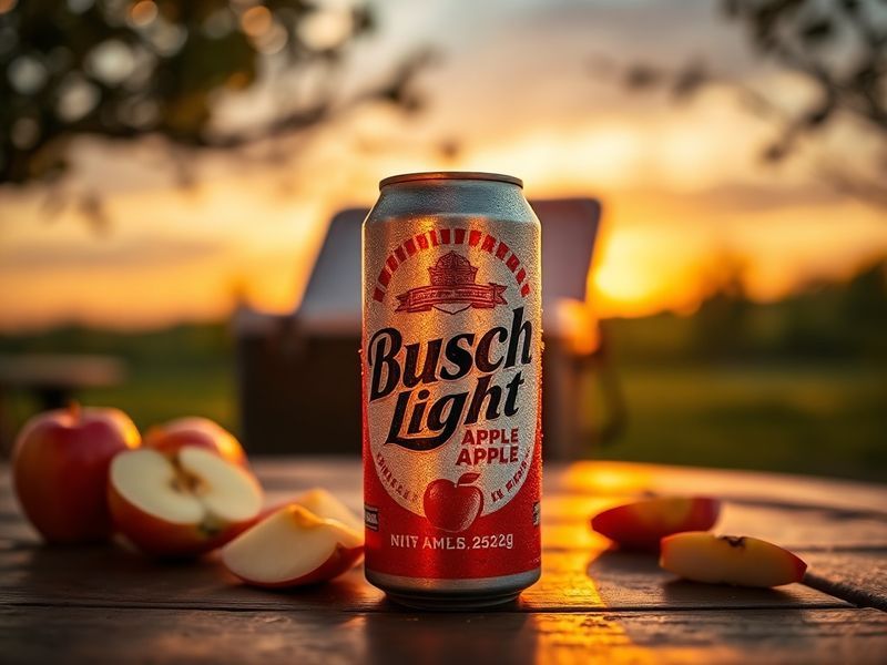 A close-up shot of a chilled Busch Light Apple hard seltzer can next to a sliced apple and a glass filled with the beverage.