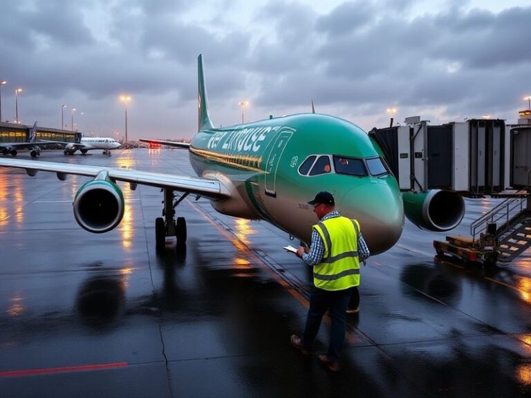 A busy airport tarmac with Aer Lingus planes parked, showing reduced flight activity. The scene is overcast, reflecting the a