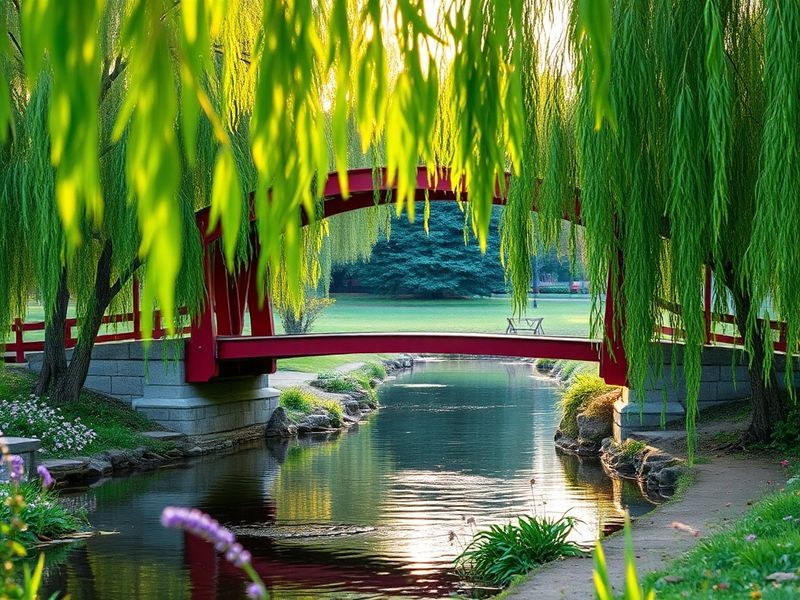 A vibrant daytime scene of Leinbach Park showing families, joggers, and a community garden with lush greenery, shaded seating