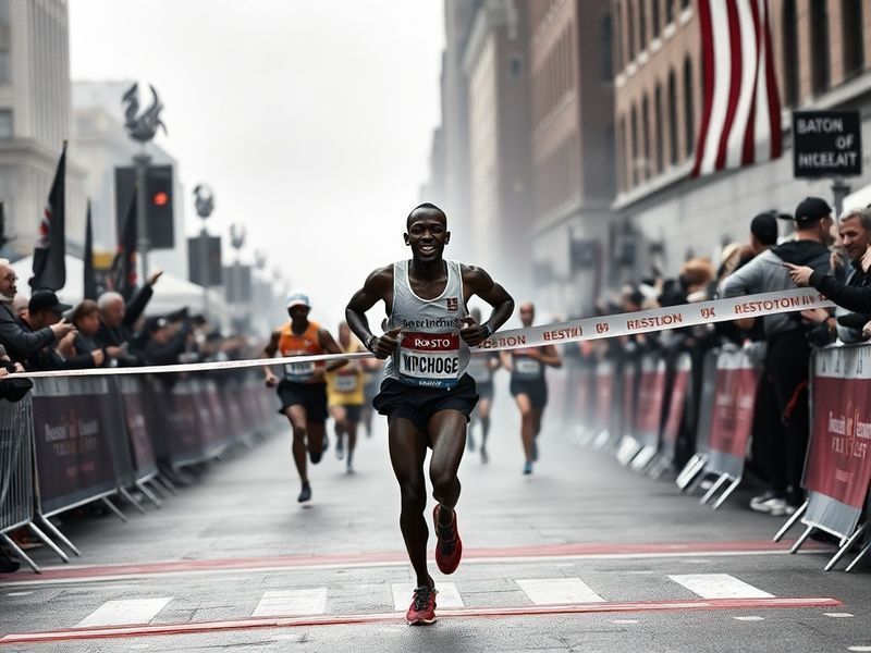 A dynamic action shot of Sisay Lemma crossing the Boston Marathon finish line, surrounded by cheering spectators and iconic B