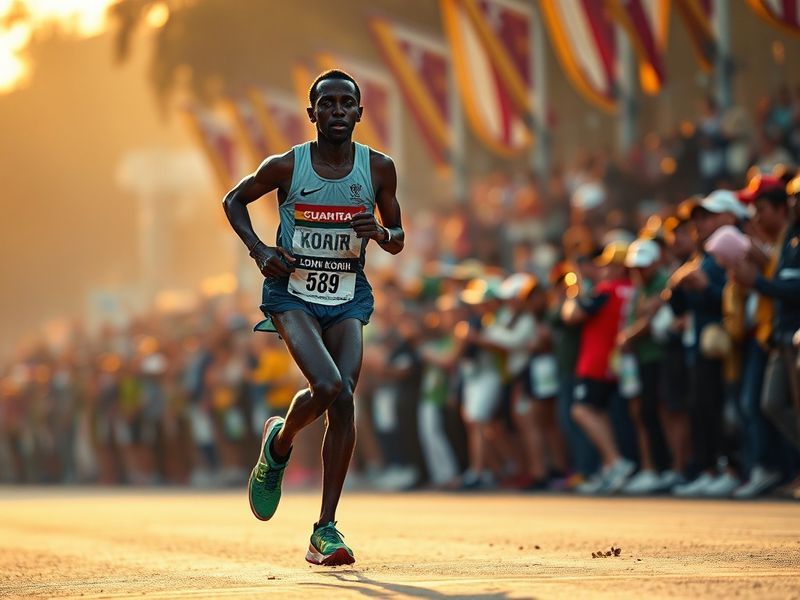 A mid-distance shot of John Korir mid-stride in a red and white racing singlet, running on a city marathon route with blurred