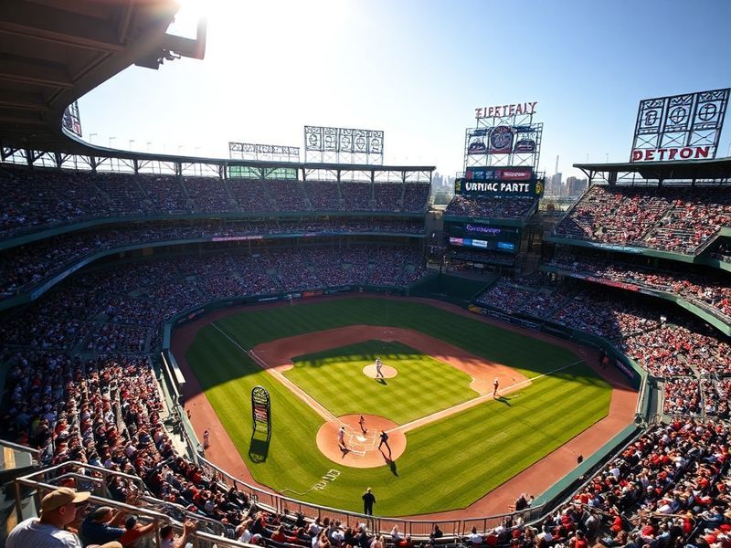 A split-screen image of Comerica Park in Detroit and Fenway Park in Boston under a twilight sky, with a baseball in mid-air b