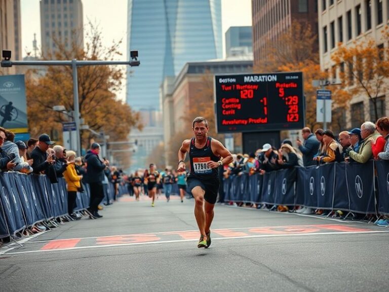 A vibrant scene of the Boston Marathon with runners in motion, spectators cheering, and a smartphone displaying a live tracki