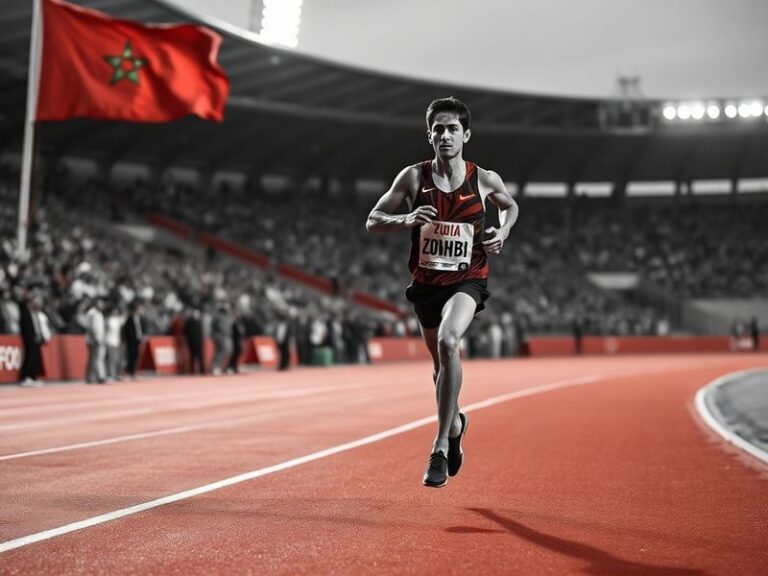 A vibrant studio portrait of Zouhair Talbi surrounded by his mixed-media paintings, featuring intricate Moroccan patterns and