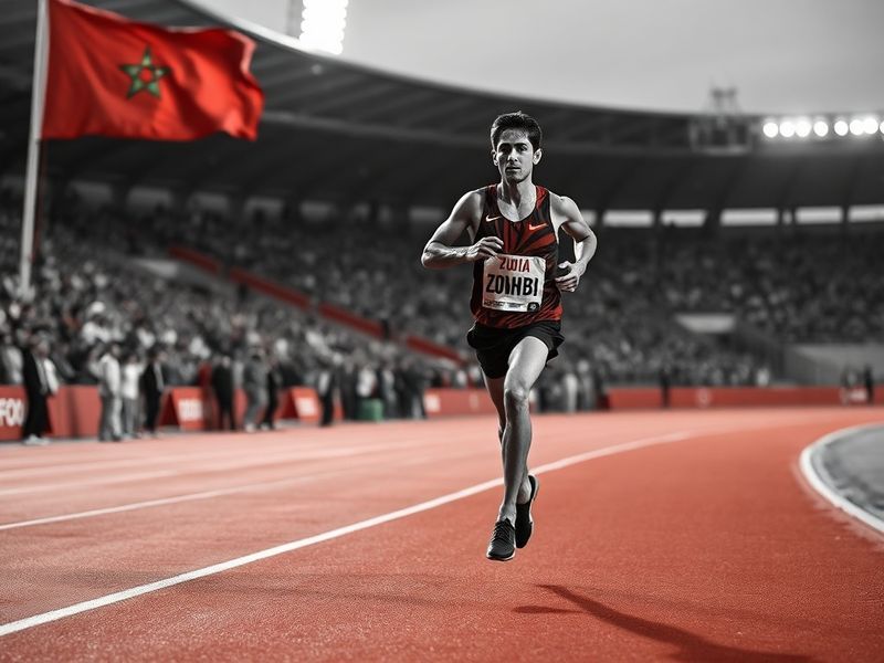 A vibrant studio portrait of Zouhair Talbi surrounded by his mixed-media paintings, featuring intricate Moroccan patterns and
