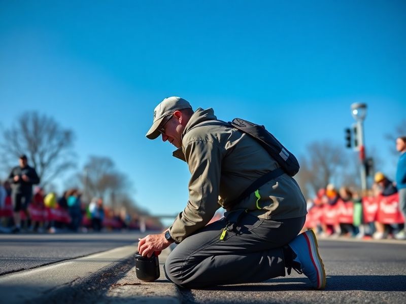 A split-screen image showing a runner on the Boston Marathon course with digital overlays of real-time tracking data, includi