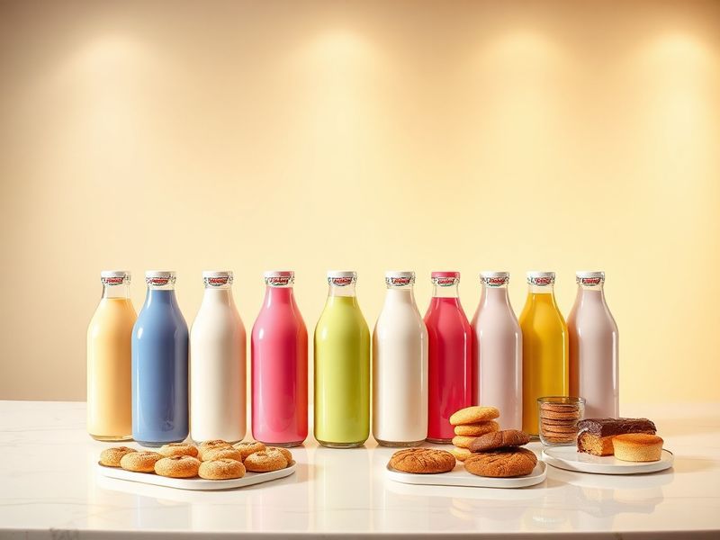 A vibrant still-life image of the Krispy Kreme x Milk Bar collaboration items: Glazed Doughnut Cereal Bars, Cereal Milk Soft