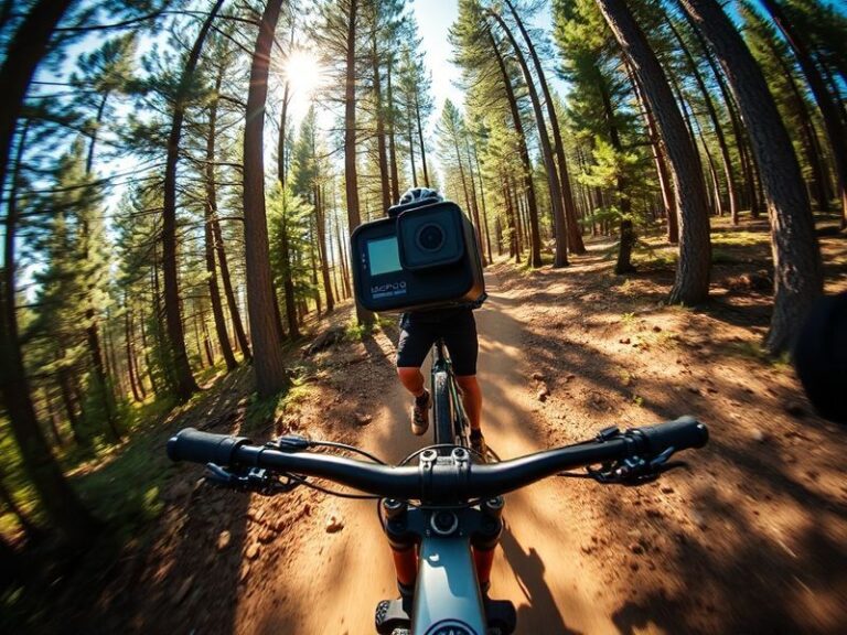 A GoPro Mission camera mounted on a helmet, capturing a first-person view of a mountain biker descending a rugged trail at su