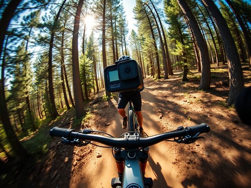 A GoPro Mission camera mounted on a helmet, capturing a first-person view of a mountain biker descending a rugged trail at su