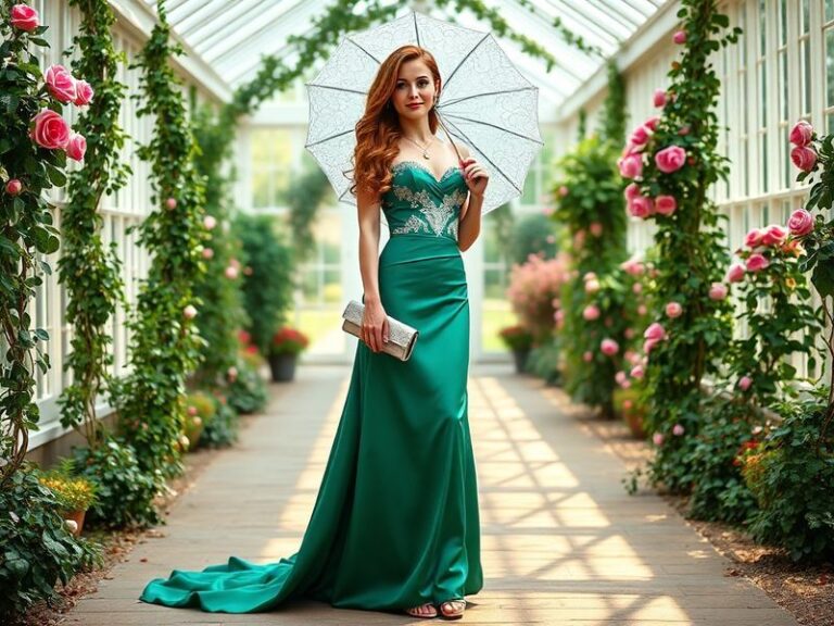 A stylish young woman in a 1950s-inspired tea-length prom dress with a structured bodice, pastel pink color, and pearl access
