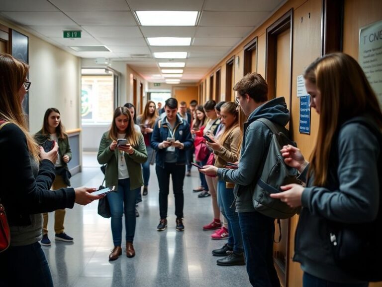 A classroom scene with students placing their phones into lockers during a school break. The setting is bright and orderly, w