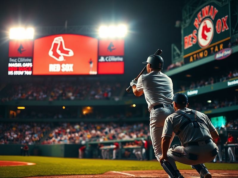 A vibrant sunset over Fenway Park during a Red Sox game, capturing the Green Monster, cheering fans, and the iconic Citgo sig
