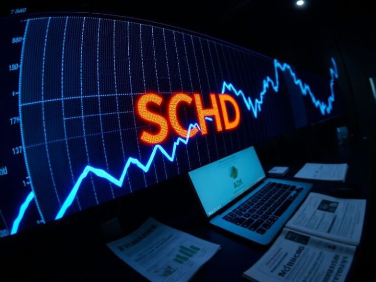 A professional investor analyzing financial charts on a laptop, with SCHD ETF documents and a globe in the background, convey