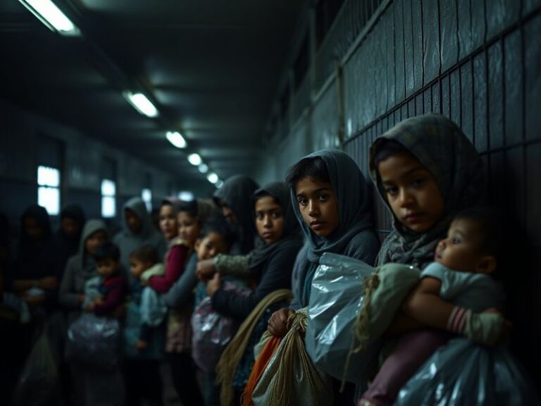 A split-image visual: on one side, a crowded deportation detention center with uniformed officers; on the other, a tearful fa