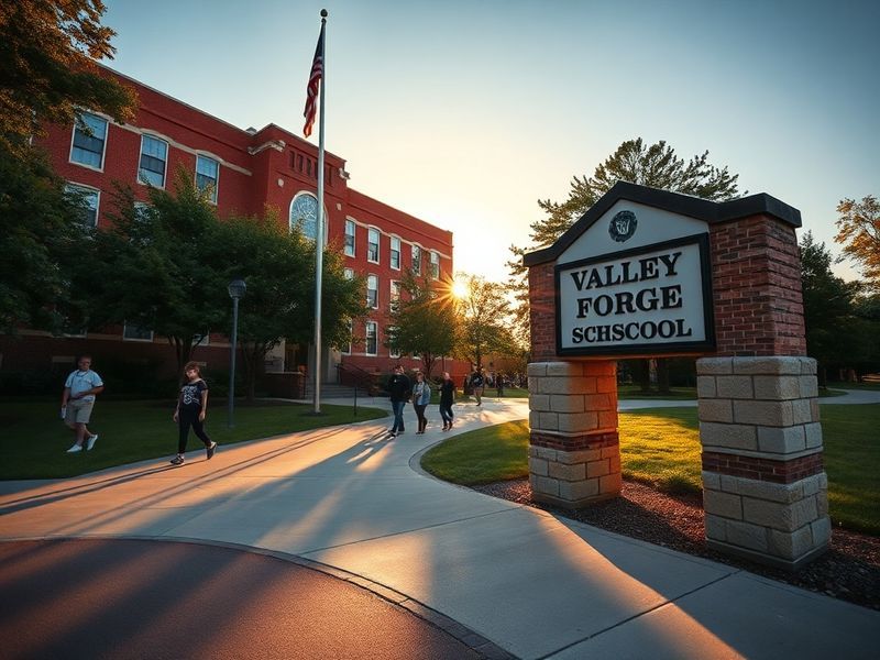 A wide-angle shot of Valley Forge High School’s campus during golden hour, featuring the football stadium, main entrance, and