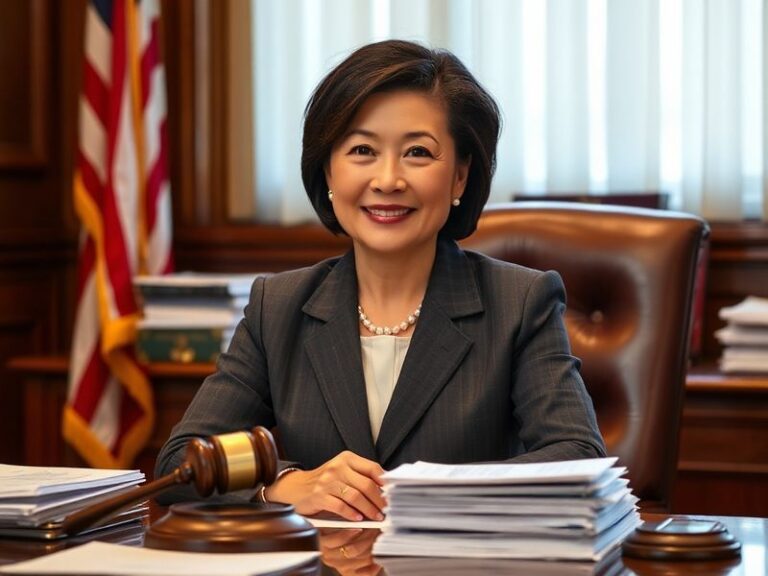A professional portrait of Betty Yee in front of the California State Capitol building, wearing business attire, with a confi