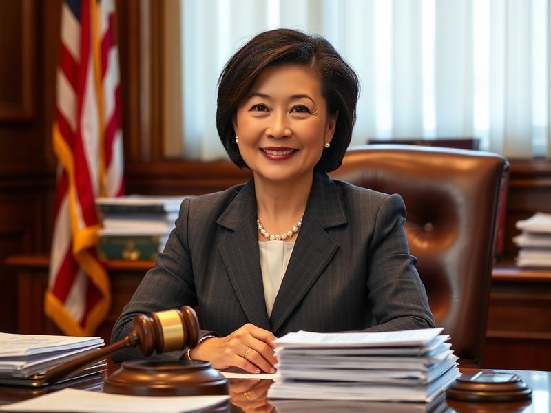 A professional portrait of Betty Yee in front of the California State Capitol building, wearing business attire, with a confi
