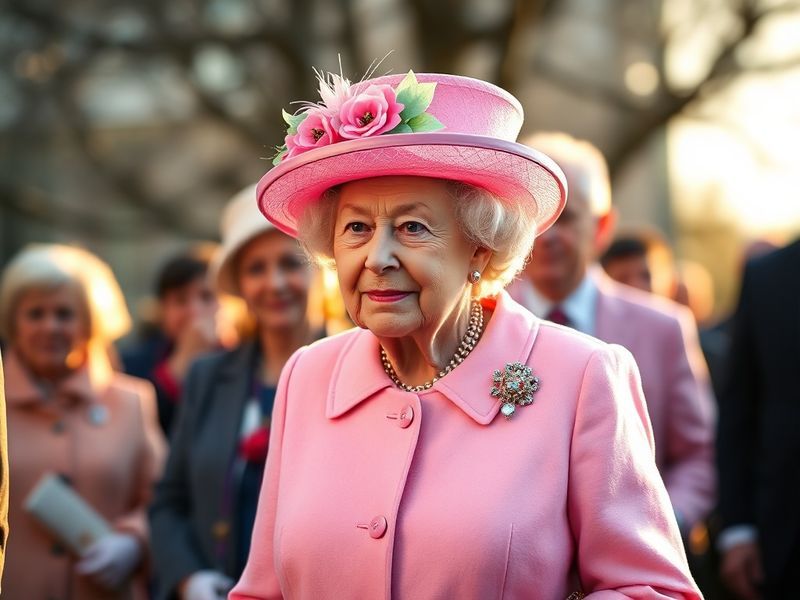 A formal portrait of Queen Elizabeth II in her signature pearls and pastel coat, standing in front of Buckingham Palace with