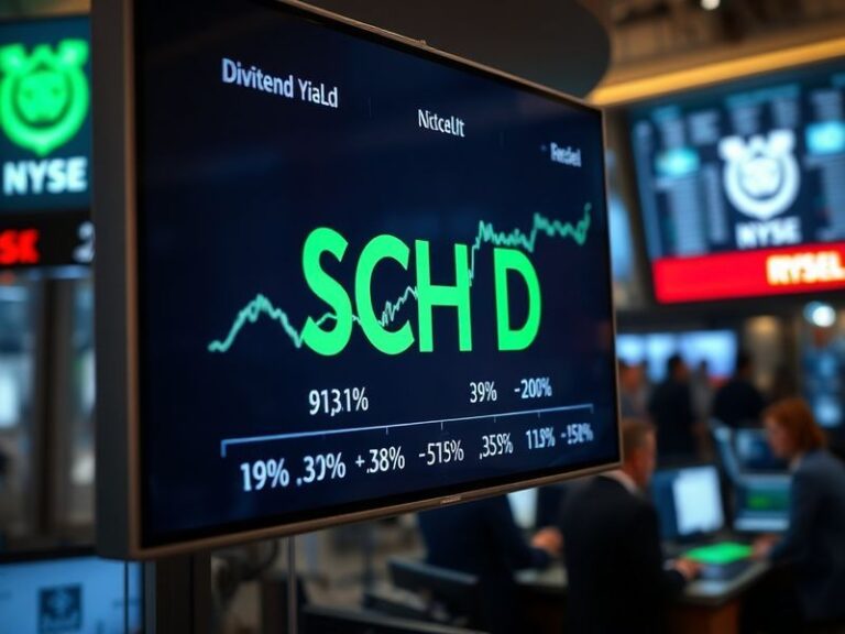 A financial chart showing SCHD ETF's dividend yield trends over the past five years, with a calculator and dividend payout ic