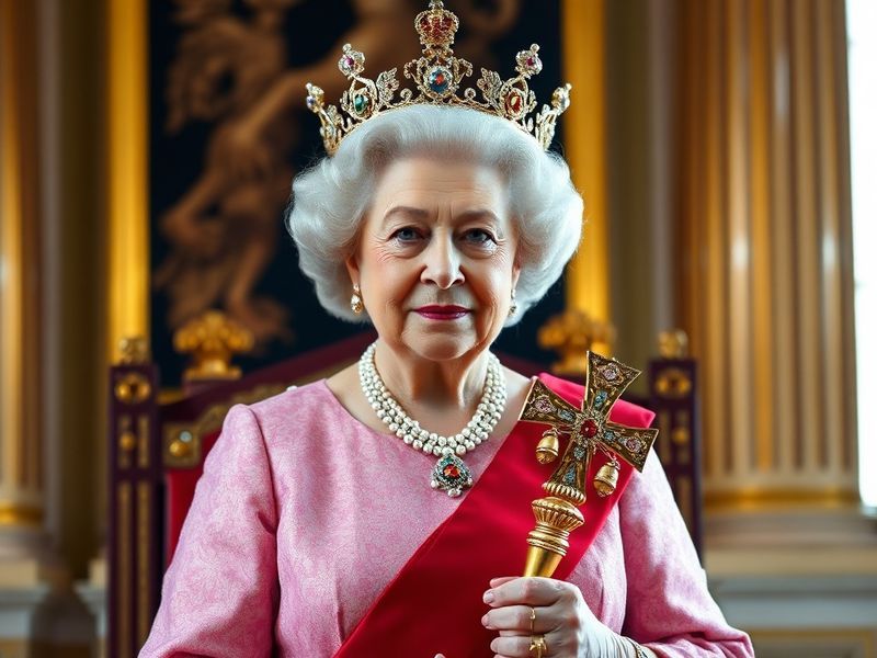 A regal portrait of Queen Elizabeth II in her later years, wearing the Imperial State Crown and royal robes, with a backdrop