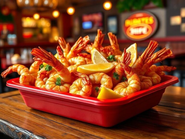 A vibrant food photography shot of Red Lobster’s Endless Shrimp spread, featuring golden fried shrimp, creamy garlic shrimp A