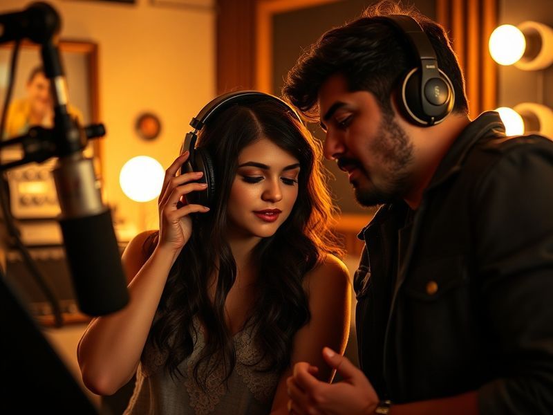 A split-image visual featuring Selena Gomez and Benny Blanco in a recording studio setting. On one side, Gomez sings into a m