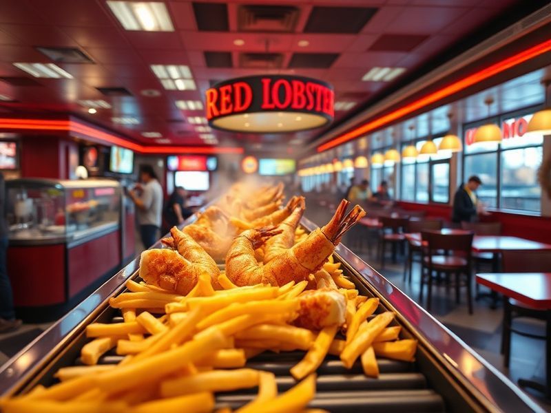 A vibrant Red Lobster restaurant interior with a table overflowing with shrimp dishes, surrounded by excited diners holding f