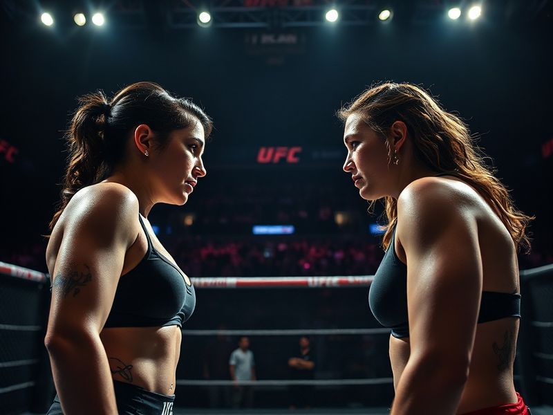 A dynamic action shot of Ronda Rousey locking in an armbar on Gina Carano in the Octagon, with referee John McCarthy standing