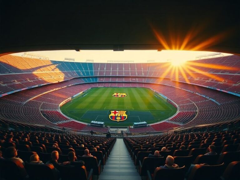 A wide-angle shot of Camp Nou during a match, with fans waving Catalan flags and singing, under floodlights at dusk. The stad