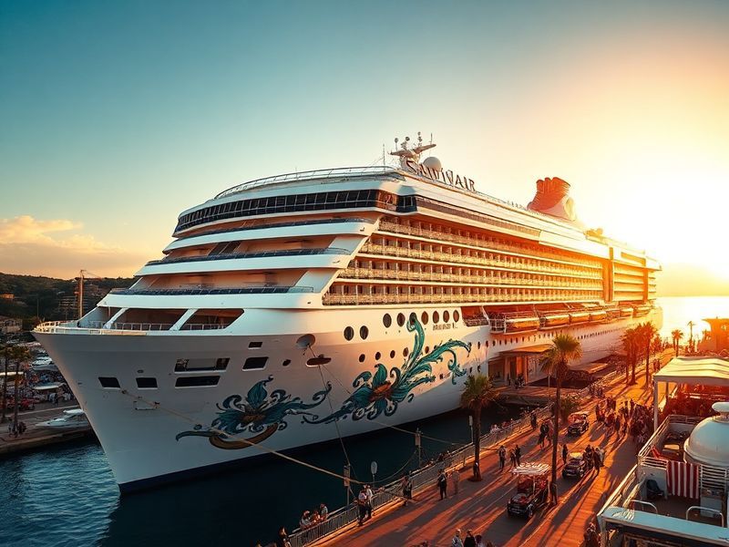 A vibrant sunset view of the Carnival Splendor sailing into a tropical port, with its distinctive bow cutting through calm wa
