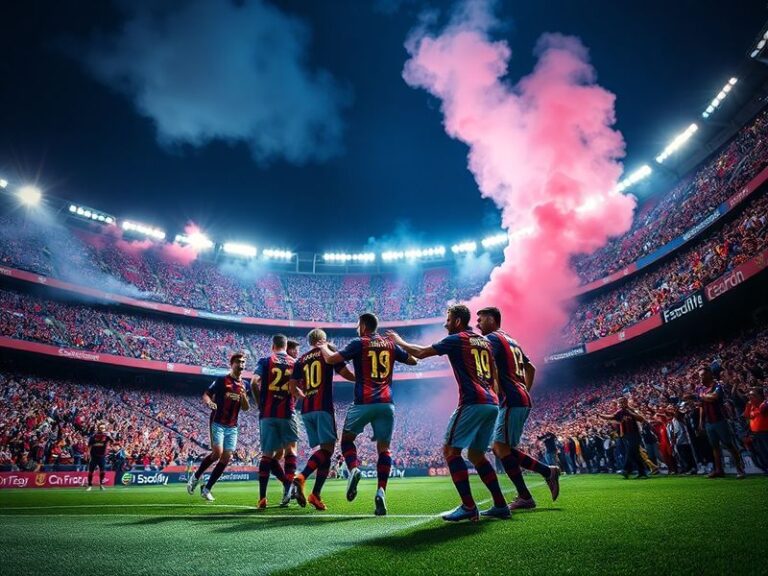 A wide-angle shot of Camp Nou stadium during a match, with the Barça crest illuminated under stadium lights, surrounded by fa