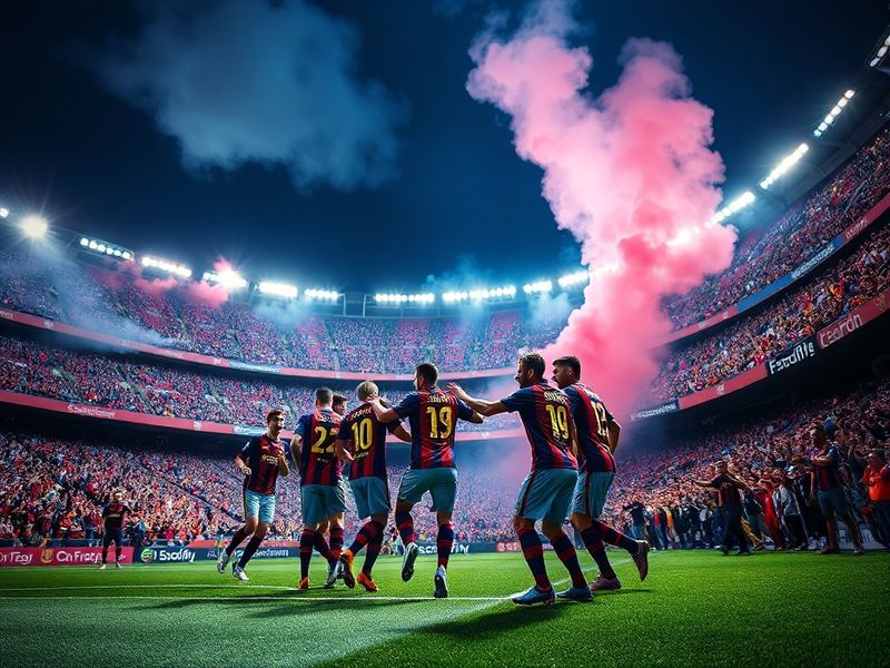 A wide-angle shot of Camp Nou stadium during a match, with the Barça crest illuminated under stadium lights, surrounded by fa