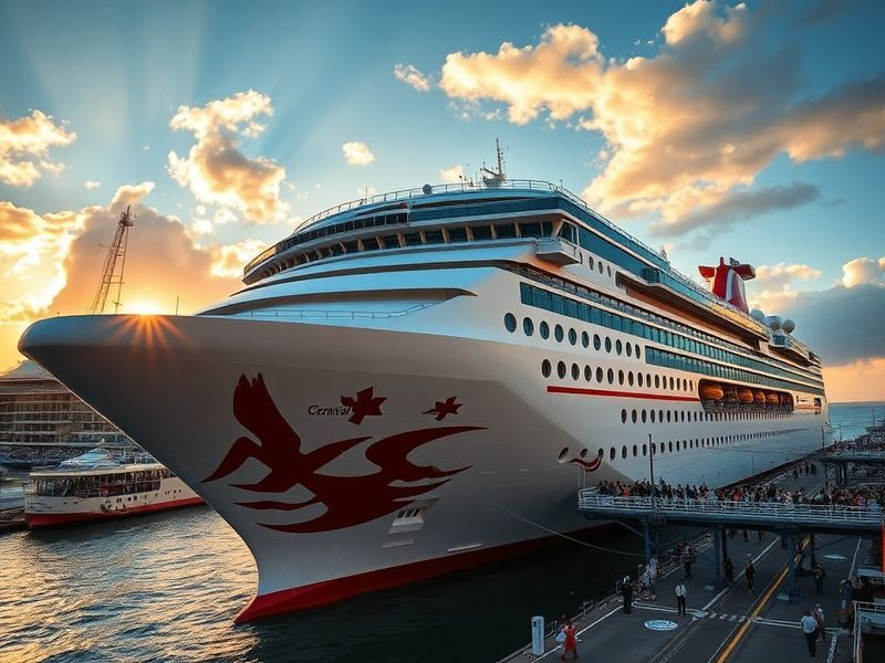 A vibrant sunset view of the Carnival Splendor cruise ship at sea, showcasing its iconic aft lounge and expansive decks with