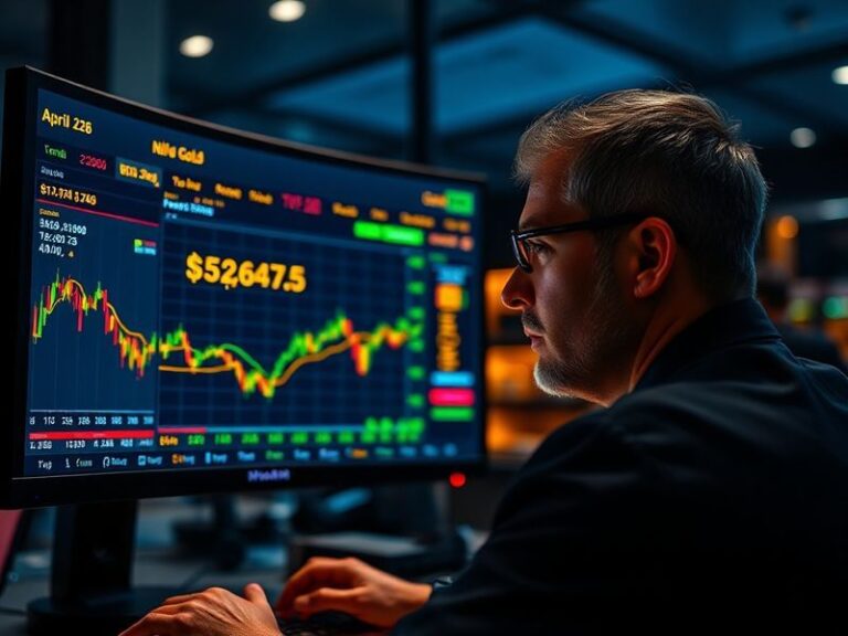 A bustling global trading floor with digital screens displaying gold prices in various currencies, surrounded by charts and e
