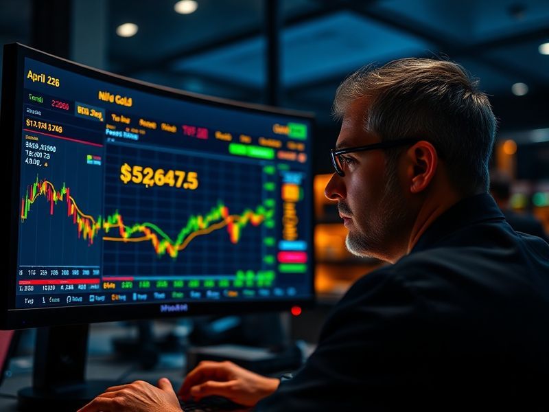 A bustling global trading floor with digital screens displaying gold prices in various currencies, surrounded by charts and e