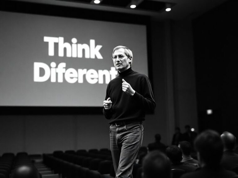 A candid black-and-white photo of Steve Jobs in his signature black turtleneck and jeans, speaking at a keynote event, with a