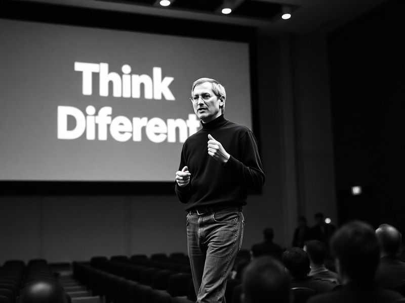 A candid black-and-white photo of Steve Jobs in his signature black turtleneck and jeans, speaking at a keynote event, with a